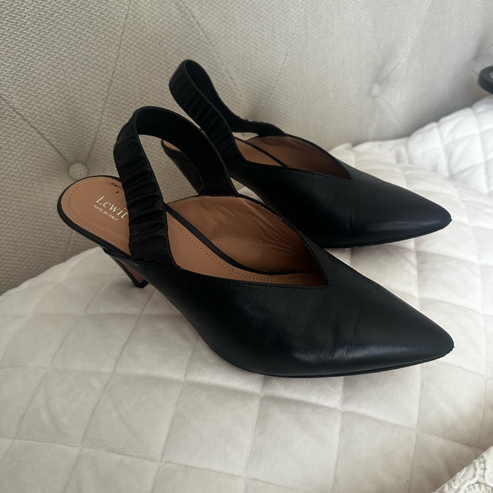 Black Leather Slingback Pointed-Toe Heels Lewit